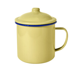 Vintage enamel mug with cover isolated on white background