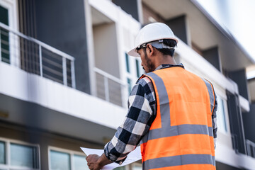 engineer in a high-visibility vest and hard hat, intently reviewing a document or blueprint, with a modern building in the background.