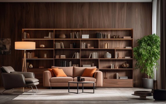 Modern minimalistic iving room interior with brown sofa and wooden bookcase filled with books on the background