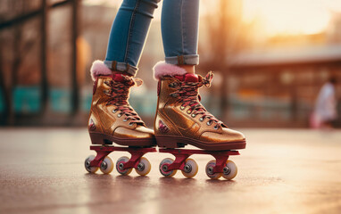 Female legs in roller skates on the street, close up
