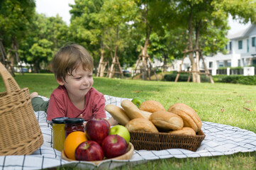 Fototapeta premium Young boy sit on a picnic blanket with a basket, colorful fruit and freshly-baked bread. Enjoying outdoor picnic in sunny park