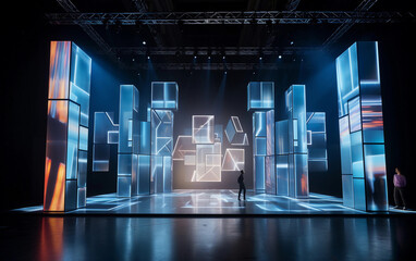 Led panels stage with blue holographic displays, sleek metallic structures define the modern aesthetic