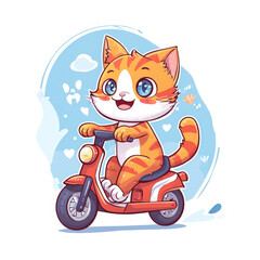 Cute happy kitten cartoon character riding a scooter on a white background, for sticker or t-shirt design