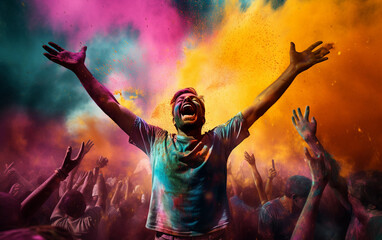 Young man at holi paints festival. Many people throw up orange holi powder. Holi festival of colors