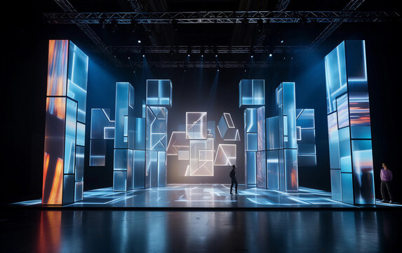 Led panels stage with blue holographic displays, sleek metallic structures define the modern aesthetic