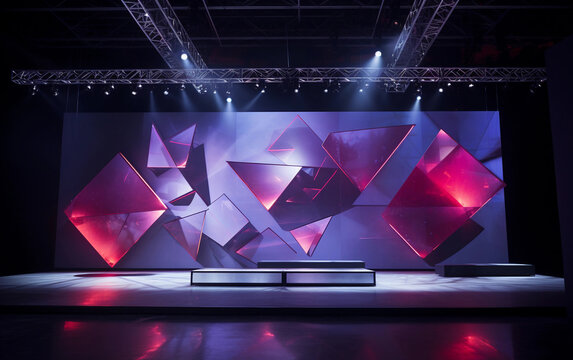 Led panels stage with purple holographic displays, sleek metallic structures define the modern aesthetic