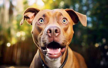 Funny and excited pitbull with shocked surprised expression on the nature background