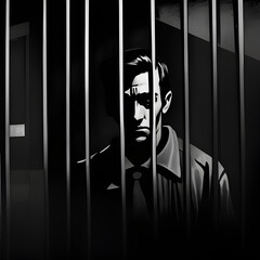 A prisoner in a jail prison cell behind iron bars In A High Security Police Station Law And Order Justice Incarceration Punishment Crime Theme Comic Style