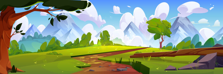 Winding path in meadows with green grass, trees and bushes leading to rocky mountains. Summer natural landscape with hills and field, trail and blue sky with clouds. Cartoon vector illustration.
