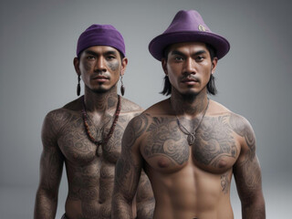 Soulful Tonalism - A stunning ultra-wide, slightly above medium shot render of a broad-shouldered Southeast Asian man adorned with traditional Filipino tribal tattoos and a Salakot hat Gen AI