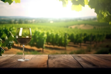 Wood table top with a glass of wine on blurred vineyard landscape background, copy space.