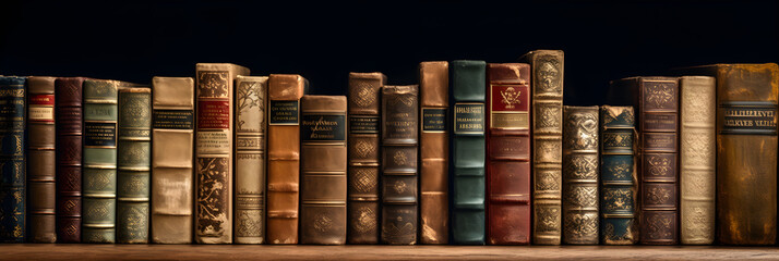 a stack of beautiful leather bound books with golden decoration against a black background. - Powered by Adobe