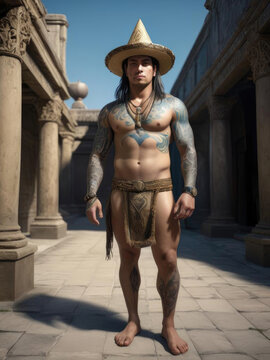 Unreal Engine Simulation of Below Average Height Man with Filipino Tribal Tattoos and Salakot Hat Gen AI