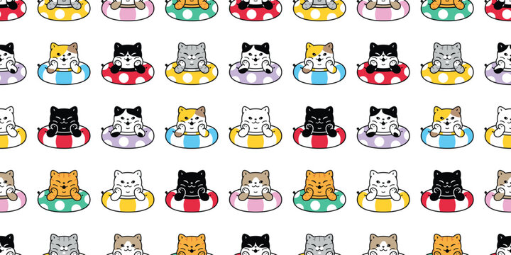 cat seamless pattern swimming pool ring inflatable kitten calico munchkin neko vector cartoon pet sea beach doodle gift wrapping paper illustration tile background repeat wallpaper isolated design