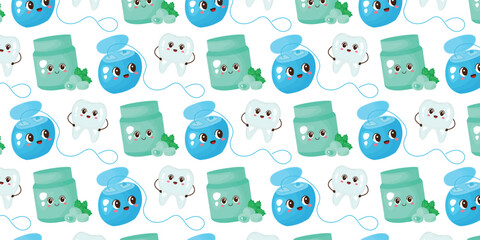 Seamless pattern of teeth care equipment and stuff. Vector illustration. Cartoon style. Items for dental and oral care. Mint sugarfree gum, floss, tooth.
