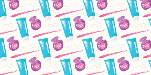 Seamless pattern of teeth care equipment and stuff. Vector illustration. Cartoon style. Items for dental and oral care. Toothpaste, toothbrush, floss.