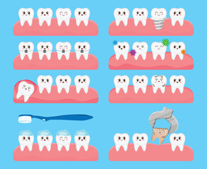 Removal, cleaning, implantation, braces, teeth alignment, wisdom. Vector illustration in cartoon style. Kawaii mascot collection for medical apps, websites and hospital. Healthy teeth. Oral health.