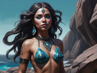 Enchanting Indigenous Australian Siren - Mesmerizing surrealistic digital illustration of an above average height indigenous Australian siren singing on a rocky cliff Gen AI