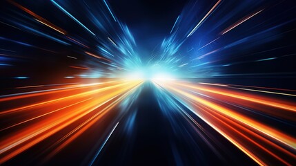 Speed motion on the neon glowing road at dark. Speed motion on the road. Colored light streaks acceleration. Abstract illustration. Blue and Orange Yellow motion streaks. Space gates. Generative Ai