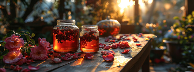 Close-up of tea rose petals with jam - obrazy, fototapety, plakaty