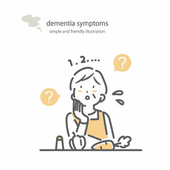 認知症で料理の手順が思い出せないシニア女性　認知症の症状　シンプルでお洒落な線画イラスト
