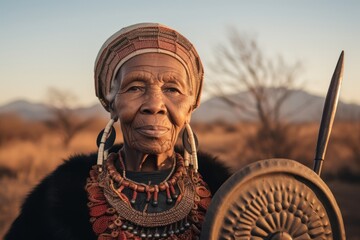 Old Native American woman with a spear in the Okavango Delta, Botswana. - obrazy, fototapety, plakaty