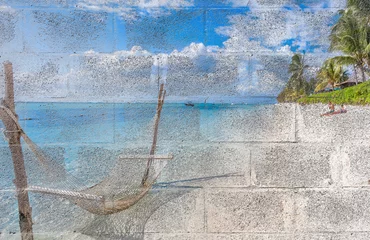 Fotobehang Le Morne, Mauritius Plage du Morne Brabant sur fresque murale, île Maurice 