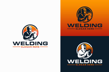 Welder with welding machine in hand symbol - obrazy, fototapety, plakaty