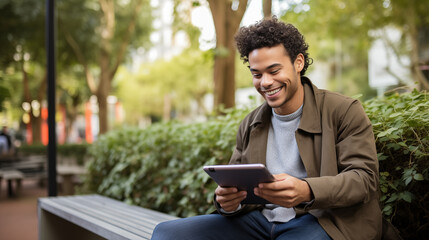 Smiling college student sitting on a bench, browsing a tablet