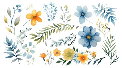 Fototapeta na wymiar Summer floral bouquet watercolor vector elements design. Botanical watercolor vector collection of flower, leaves, and branches. Generative Ai