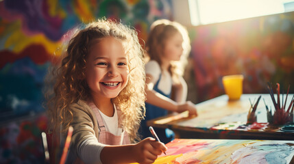 Happy children painting and creating art in a well-lit classroom.