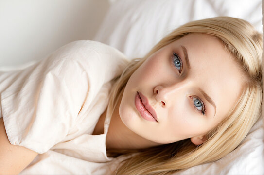 Closeup image of attractive beautiful young blond woman with blue eyes and excellent skin in bed & looking at camera