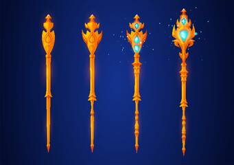 Game rank wizard staffs set isolated on background. Vector cartoon illustration of golden magic power sticks decorated with blue gemstone crystals, sparkling shimmering particles, level progress icon