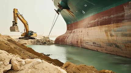 A huge container ship stranded in the Suez Canal. The excavator carries out dredging and excavation work. Copy space.