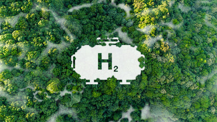 Clean hydrogen energy concept. Environment. Green industry. Metaphorical concept depicting hydrogen...