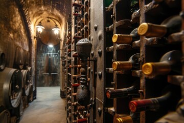 Fototapeta premium A wine cellar with rows of aged wine bottles stored on rustic wooden racks