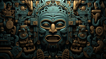 Maya ancient civilization background. Mayan tribal pattern with a totem face in the center of the image.