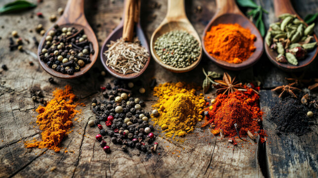 spices and herbs on wooden surface