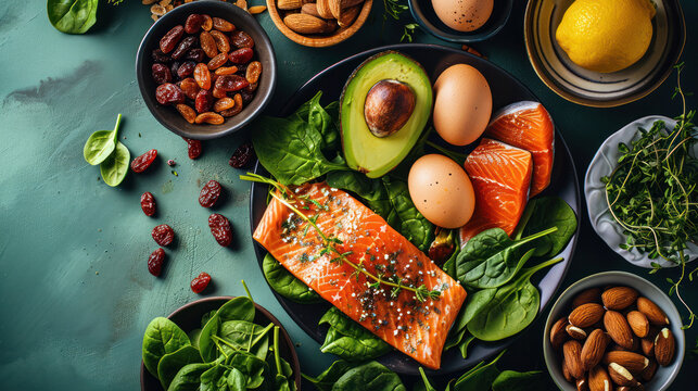 salmon, spinach, avocado, eggs and dry fruits on green background