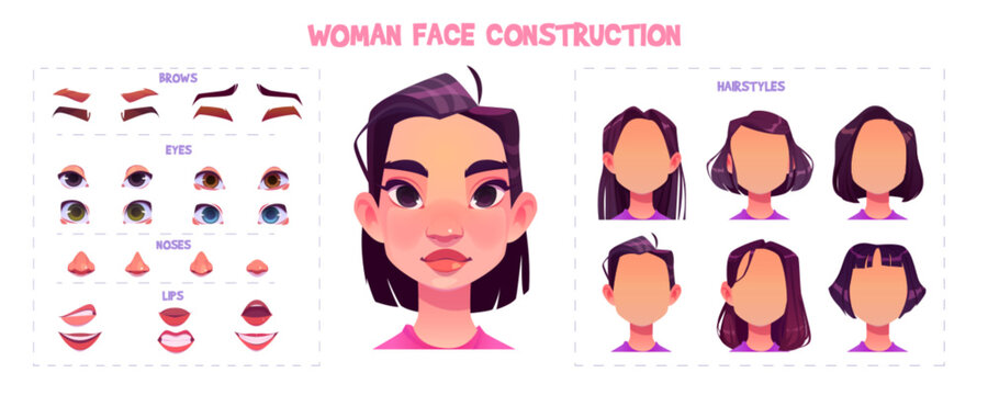 Female face constructor set for game avatar. Vector cartoon illustration of young caucasian woman head, eyebrows, eyes, nose, mouth, brunette hairstyles collection isolated on white background