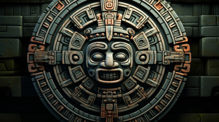 Naklejka premium Maya ancient civilization background. Mayan tribal pattern with a totem face in the center of the image.