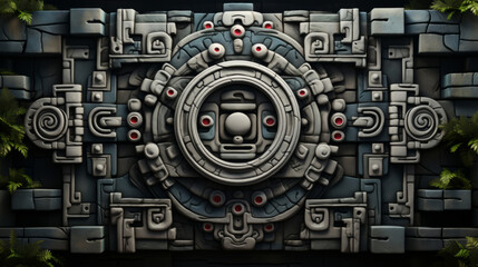 Maya ancient civilization background. Mayan tribal pattern with a totem face in the center of the image. - obrazy, fototapety, plakaty