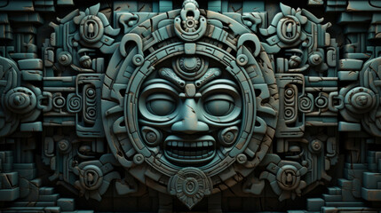 Maya ancient civilization background. Mayan tribal pattern with a totem face in the center of the image.