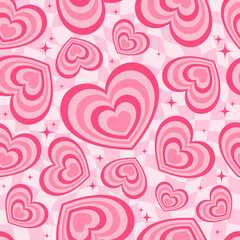 Y2k seamless pattern with hearts. Retro abstract groovy background. Pink funky vector wallpaper for Valentine day. Girly lovely vintage design 2000s and 90s