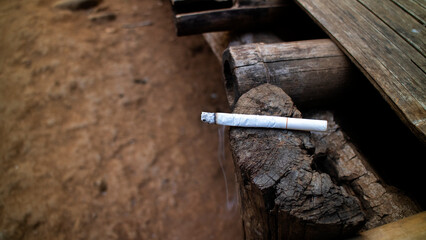 A lit cigarette is placed on a tree stump. Cigarette smoke is a carcinogen.