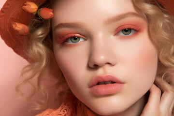 Beauty Sexy girl with peach make-up. Beautiful woman face with peach fuzz color make up. Peach fuzz palette colors. Colour trend 2024. Pantone Peach Fuzz 13-1023