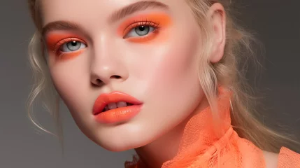 Afwasbaar Fotobehang Pantone 2024 Peach Fuzz Beauty Sexy girl with peach orange make-up. Beautiful woman face with bright make up. Peach fuzz palette colors. Colour trend 2024. Pantone Peach Fuzz 13-1023