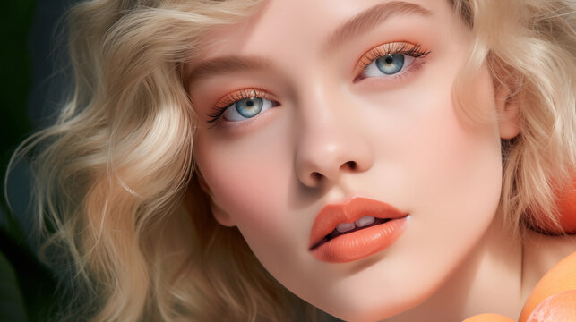 Beautiful girl with peach orange make up. Beauty woman face. Picture taken in the studio. Peach fuzz palette colors. Colour trend 2024. Pantone Peach Fuzz 13-1023