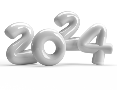 2024 balloons., 2024 white balloons isolated over clear background. 3D rendering.,Object render 3d ballon with ribbon.