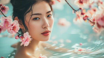 Fototapeta premium Portrait of beautiful Japanese enjoying spa surrounded by flowers, spa concept, skincare